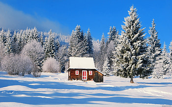Snow-covered cottage, wooden, winter, frost, hills, slope, house, landscape, beautiful, mountain, cabin, snow, hut, trees, sky, cottage, forest HD wallpaper