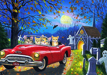 Spooky Night in the Cemetery, artwork, painting, ghost, moon, car, cats, stones, tree HD wallpaper