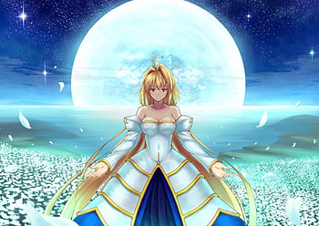 White Field, night, blue, blonde, glow, cute, stars, dress, beauty, lady, moon, petals, female, white, girl, beautiful, woman, purple, anime, pretty, field, light, sky, flowers, lovely HD wallpaper
