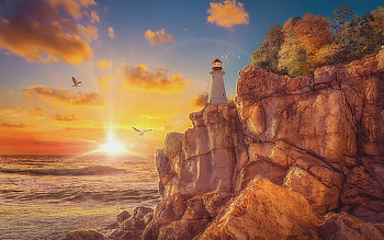 Sunset, lighthouse, fantasy, art, water, vara, sea, orange, annewipf, summer HD wallpaper