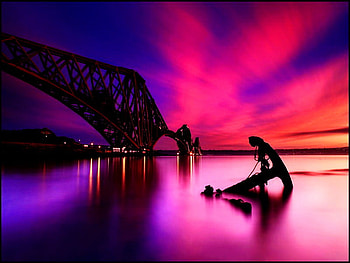 Anchor in the sea, sea, colorful, anchor, colors, peaceful, purple, reflection, red, bridge, clouds, nature, sky, water, calm, ocean HD wallpaper