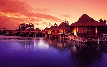 Evening, landscape, bungalows, ocean HD wallpaper
