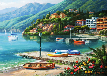 Hillside Harbor Cove, Lake Como, artwork, painting, boats, italy, houses, mountains, beach HD wallpaper