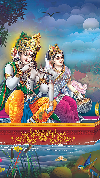 Radha Krishna , River Background, boat HD phone wallpaper