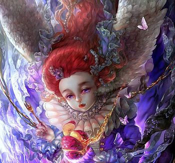 Angel, wings, frumusete, girl, purple, fantasy, fruit, dreamy ka, luminos, redhead HD wallpaper