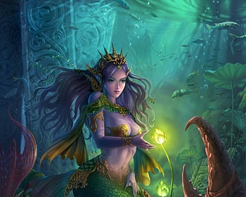 Mermaid, art, sutat jia, girl, summer, fantasy, green, luminos, water, vara, siren HD wallpaper