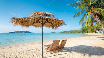 Summer Beach at Phuket, Thailand, loungers, palm trees, umbrella, sea, tropical, landscape HD wallpaper