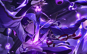 Raiden Shogun with sword, Genshin Impact, night, Raiden Shogun Genshin Impact, violet lightings, Raiden Shogun, manga, Raiden Shougun, Raiden Ei HD wallpaper