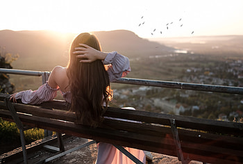 Girl Sitting Bench Back Hands In Hair Nature Outdoors, girls, model, graphy, hairs, birds HD wallpaper