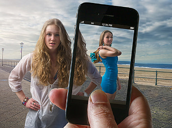 Selfie, blue, situation, girl, dress, , adrian sommeling, creative, fantasy, funny HD wallpaper