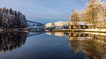 Like a Mirror, snow, reflections, winter, trees, sky, water, cabin HD wallpaper