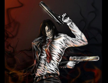 Alucard, red eyes, black hair, vampire, dark, darkness, anime, hellsing, dark hair, gun HD wallpaper