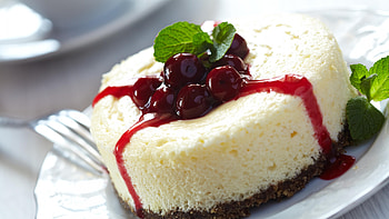 Cheesecake with cherry, Sweet and tangy, Refreshing mint, Tempting dessert HD wallpaper