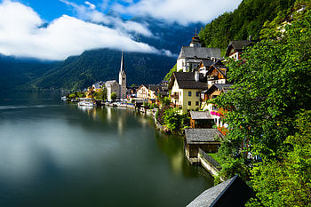 Nature, Clouds, Building, Mountain, Lake, Village HD wallpaper