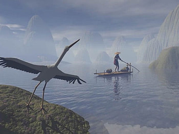 Crane Take Off, river boat, crane, misty, mountains, rock, stream HD wallpaper
