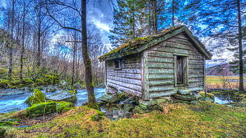 Early Spring At The River, cabin, hills, landscape, clouds, trees, sky, forest, stones HD wallpaper