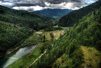 Somewhere In My Beautiful Country, river, peaceful, beauty, romania, trees, amazing, mountains, water, woods, landscape, beautiful, green, view, clouds, nature, sky, forest, splendor HD wallpaper