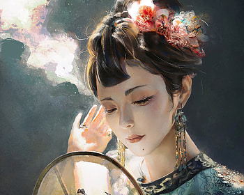 Beauty, luminos, tang maohua, evantai, frumusete, asian, art, gorgeous, girl, jewel, hand fan, fantasy, face, suoerb HD wallpaper