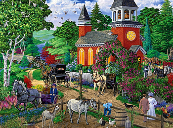 After the Service F1, architecture, art, beautiful, cityscape, people, church, artwork, scenery, wide screen, horses, painting, equine HD wallpaper