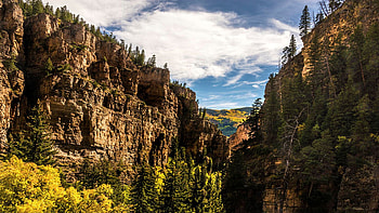 Dead Horse Creek Canyon - Glenwood Canyon, Colorado, clouds, trees, sky, rocks, mountains, usa HD wallpaper