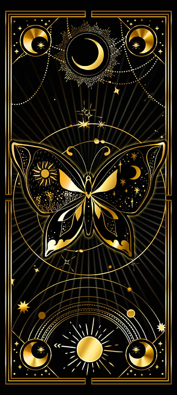 Gold Butterfly card, art, moon, premium, light, space HD phone wallpaper
