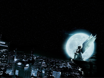 city angel, wings, city, moon, angel, dark HD wallpaper