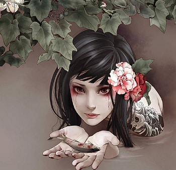 Lament, tattoo, girl, artwork, leaves, abstract, cg, flowers, fish, water, female HD wallpaper