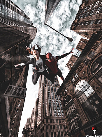 Spiderman and Zendaya, sky, street stunts HD phone wallpaper