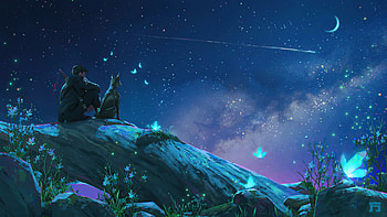Guy And His Dog Stargazing , alone, dog, artist, artwork, digital-art, artstation HD wallpaper