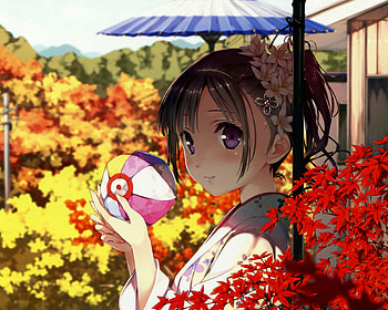 Ball, sexy, umbrella, kimono, yukata, hot, cute, girl, long hair, purple eyes, anime girl, anime, brown hair, , female HD wallpaper