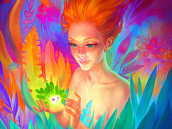Fluffy emerald, colorful, blue, art, girl, fairy, fantasy, green, red, yellow, luminos, maria poliakova HD wallpaper
