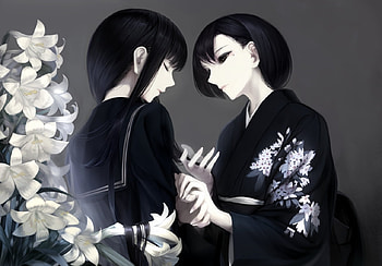 Two girls, two, white, kimono, black, erise, girl, realisitic, anime, flower, monochrome, couple, friend, manga HD wallpaper