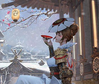 Geisha, winter, asian, tea, chinese, girl, yu cheng hong, fantasy, snow, iarna, luminos, lantern HD wallpaper