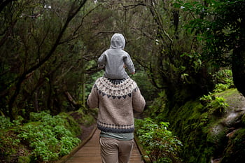 A father carrying his child on a forest path, enjoying nature and bonding on an autumn day. HD wallpaper
