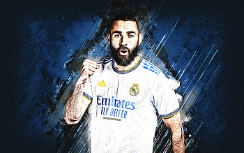 Karim Benzema, Real Madrid, French footballer, grunge art, blue stone background, Karim Benzema portrait, Champions League, football HD wallpaper