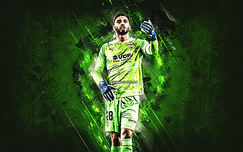 Giorgi Mamardashvili, Valencia FC, Georgian footballer, goalkeeper, green stone background, grunge art, football, Mamardashvili Valencia HD wallpaper