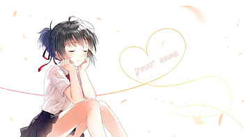 Mitsuha Miyamizu, Anime Girl, Your Name, Heart, Anime, Thinking, Black Hair, Smile, Seifuku, Petals, Miyamizu, Kimi no Na wa, School Uniform, Eyes Closed, Blushing, Mitsuha HD wallpaper