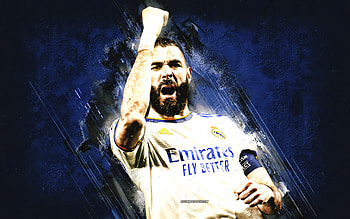 Karim Benzema, Real Madrid, blue stone background, French footballer, Benzema portrait, La Liga, Spain, football HD wallpaper
