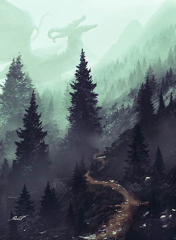 Trees, Art, Forest, Path, Dragon HD phone wallpaper