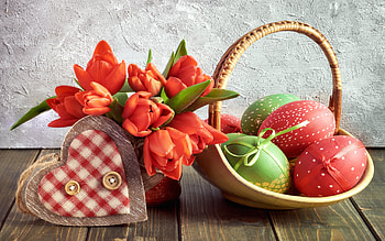 Happy Easter!, basket, egg, tulip, red, flower, card, heart, spring, green HD wallpaper