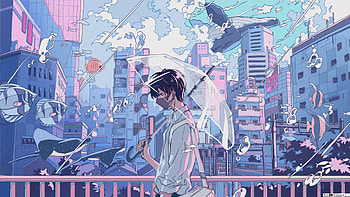 Underwater, boy walk, anime HD wallpaper