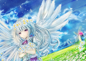 Angel of Willows, bouquet, blosom, cute, floral, angel, long hair, purple eyes, scenery, feather, wing, petals, flower, scenic, cloud, female, wings, windmill, scene, blue hair, girl, grass, kawaii, anime girl, anime, field, view, sky HD wallpaper