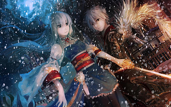 Snow of Fantasy, night, wings, sword, fantasy, snow, male, female HD wallpaper