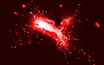 Puma red logo, , red neon lights, creative, red abstract background, Puma logo, brands, Puma HD wallpaper