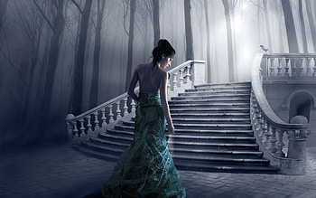 gothic wonderland, girl, stairs, forest, tree HD wallpaper