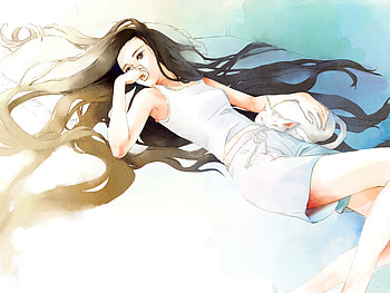 touhuo, blue, slow, gat, black hair, dress, sleep HD wallpaper