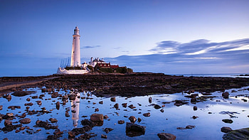 Tall White Lighthouse, lighthouse, coast, clouds, nature, rock HD wallpaper