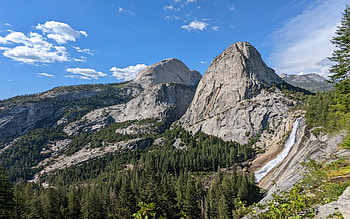 Nevada Falls viewed from The John Muir Trail in Yosemite National Park, rocks, usa, california, trees, clouds, landscape, sky HD wallpaper