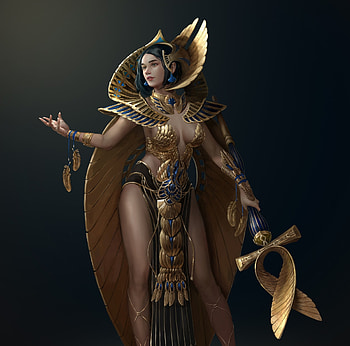 Sorceress of Horus, golden, sorceress, art, fantasy, jeong hwa yang, egypt, horus, girl, black HD wallpaper