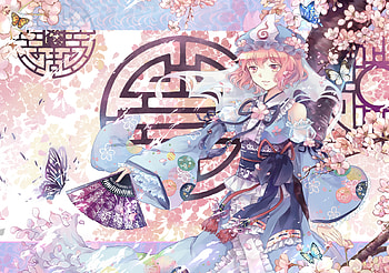 Saigyouji Yuyuko, blue, girl, ekita xuan, fan, pink, hand fan, anime, manga HD wallpaper